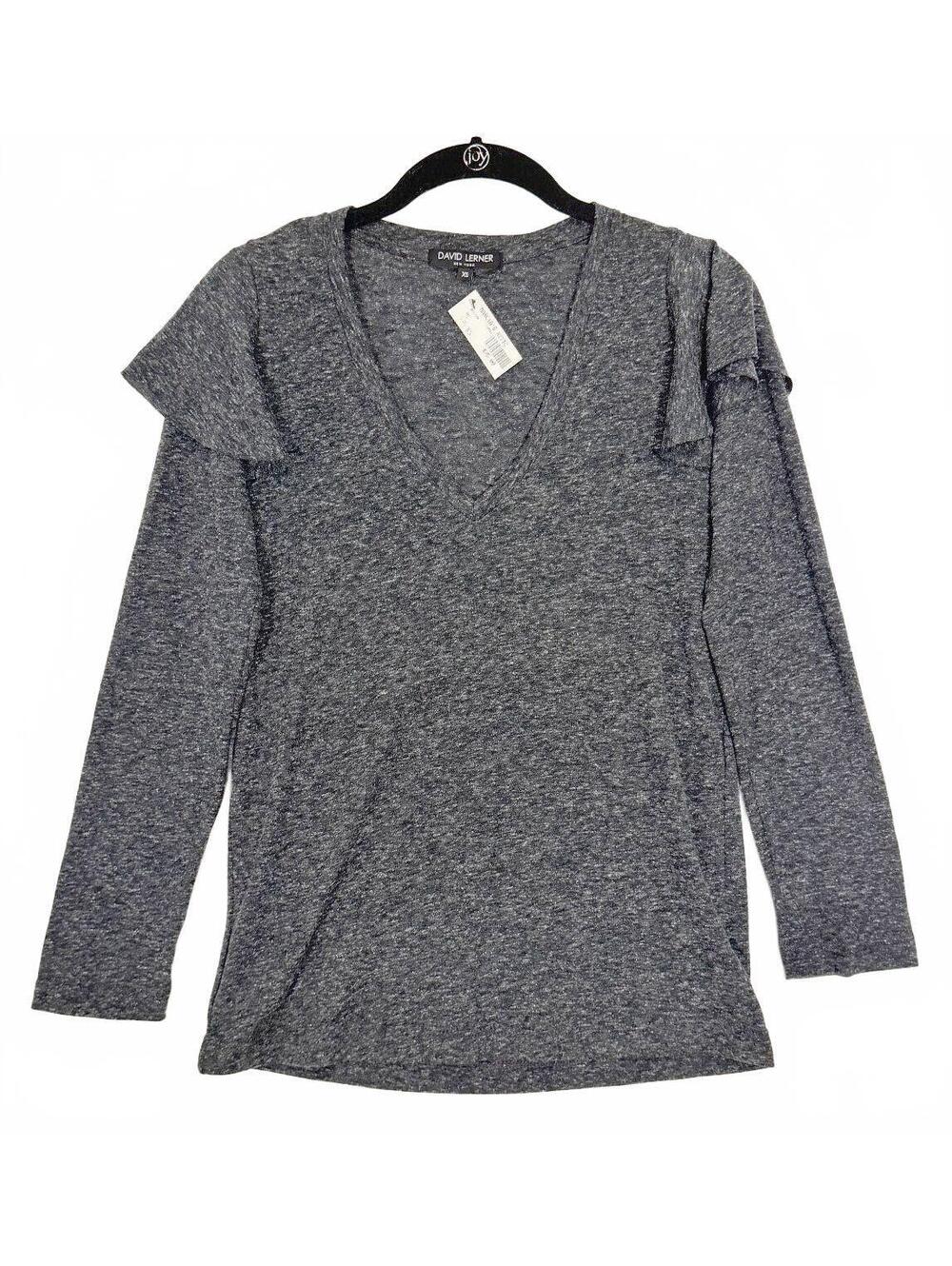 David Lerner Charcoal Gray V-Neck Ruffled Top Extra Small XS Long Sleeve NWT!